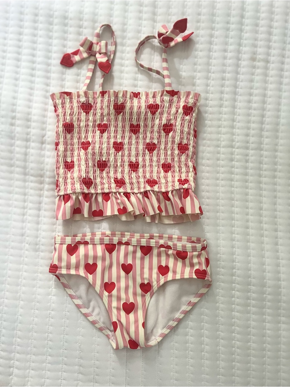Girls Boden Pink & Red Heart Stripe Two-Piece Swimsuit 6/7 122cm